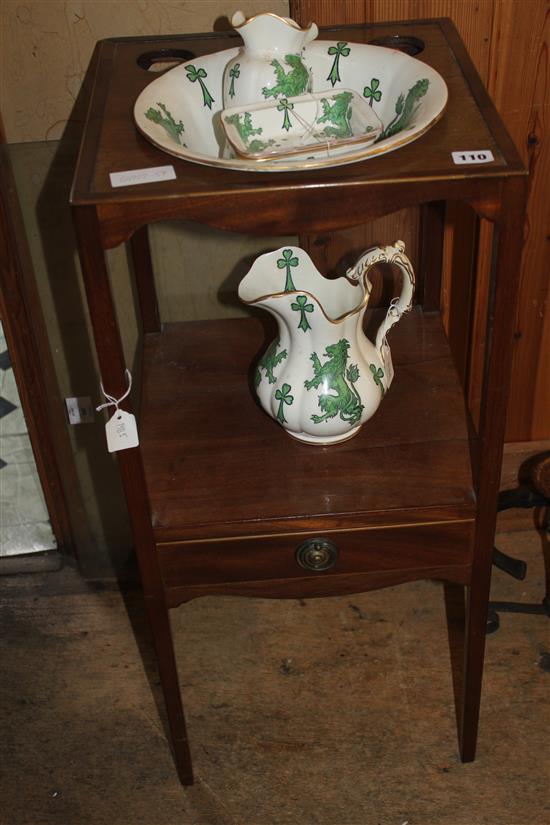 19th century mahog washstand with Copeland late Spode wash bowl, jug, toothbrush holder and soap dish